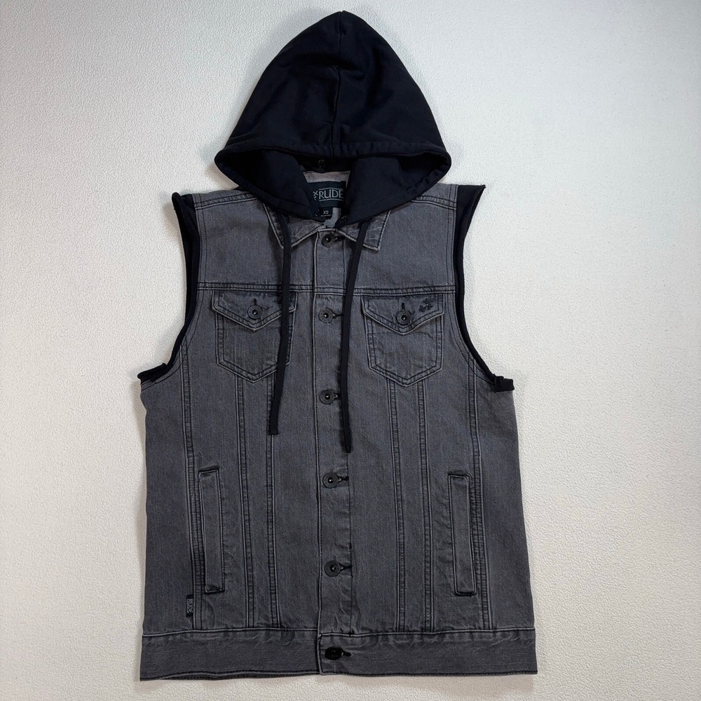 XXX RUDE Denim Vest Men's XS Gray Removable Hood Fleece Cap Goth Grunge